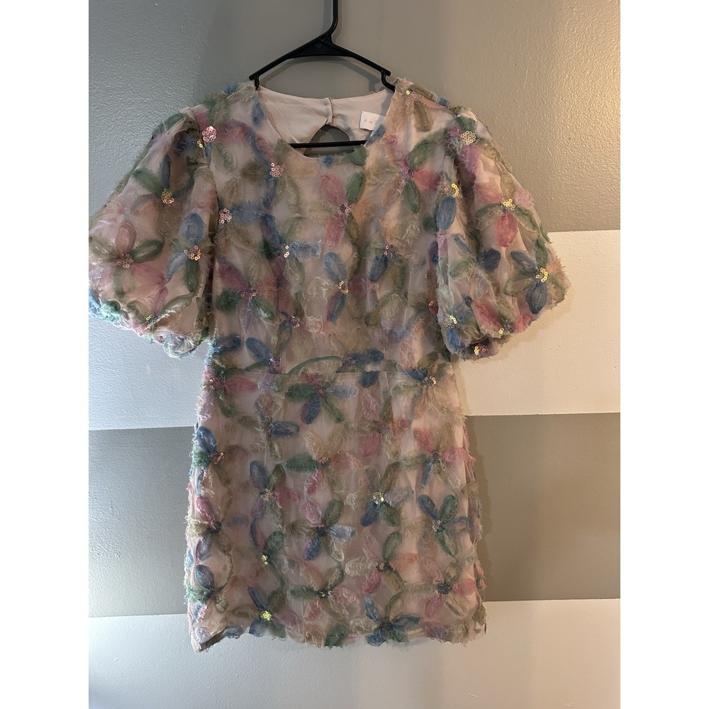 Entro Womens Floral Embellished Sequin Mini Dress L Puff Sleeve Fairy Whimsical